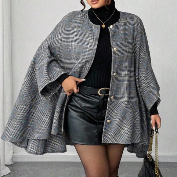 Plus Plaid Print Button Down 3/4 sleeve Ruffle Hem Jacket Coat - Picture 1 of 3